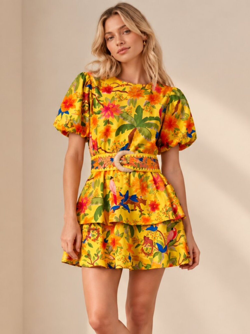 FARM RIO Belted Tiered Mini Dress